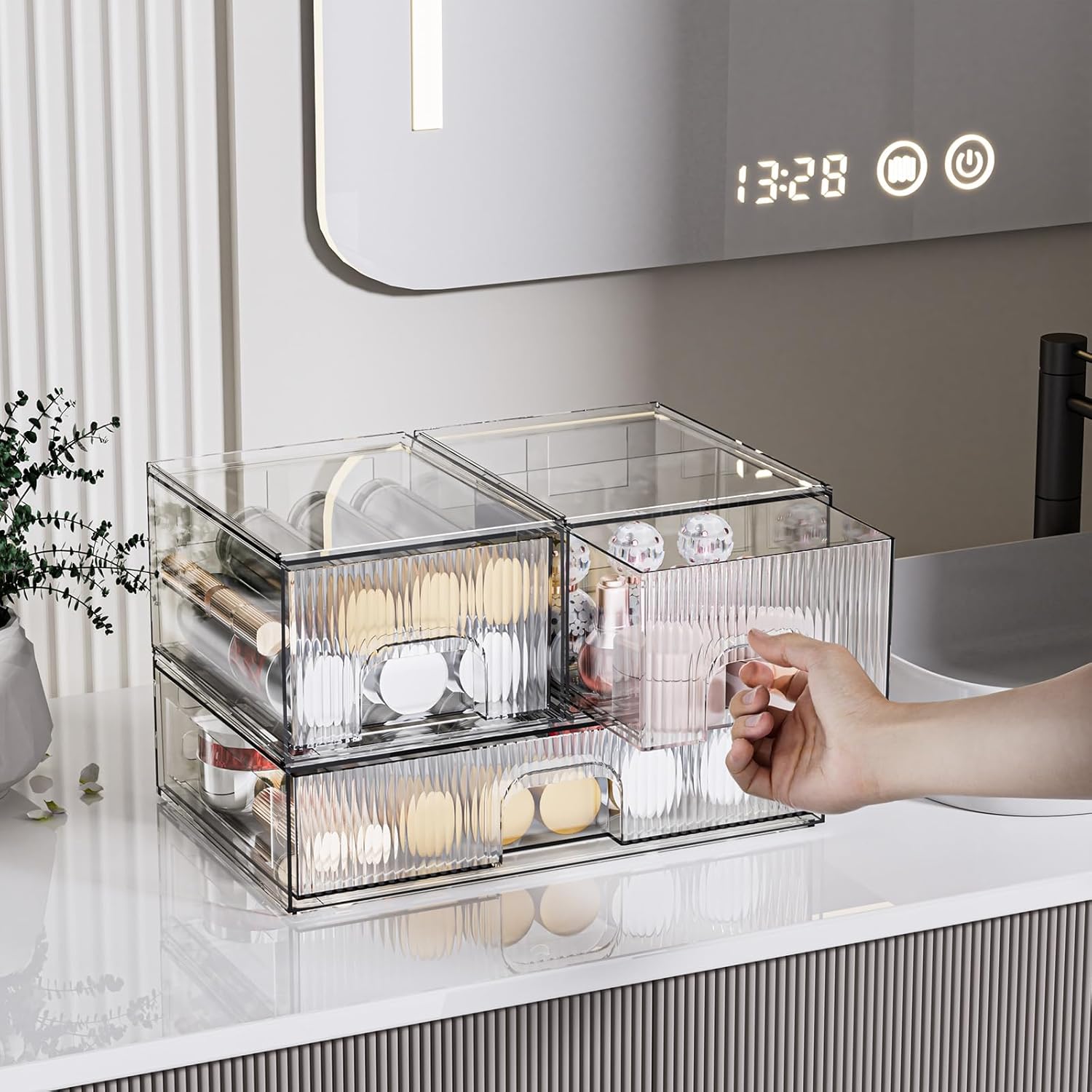 ZHIAI 3 Pack Clear Stackable Cosmetic Organizer with Acrylic Drawers for Cosmetics and Small Items for Dresser, Vanity, Kitchen Cabinet, Pantry, Home Organization and Storage