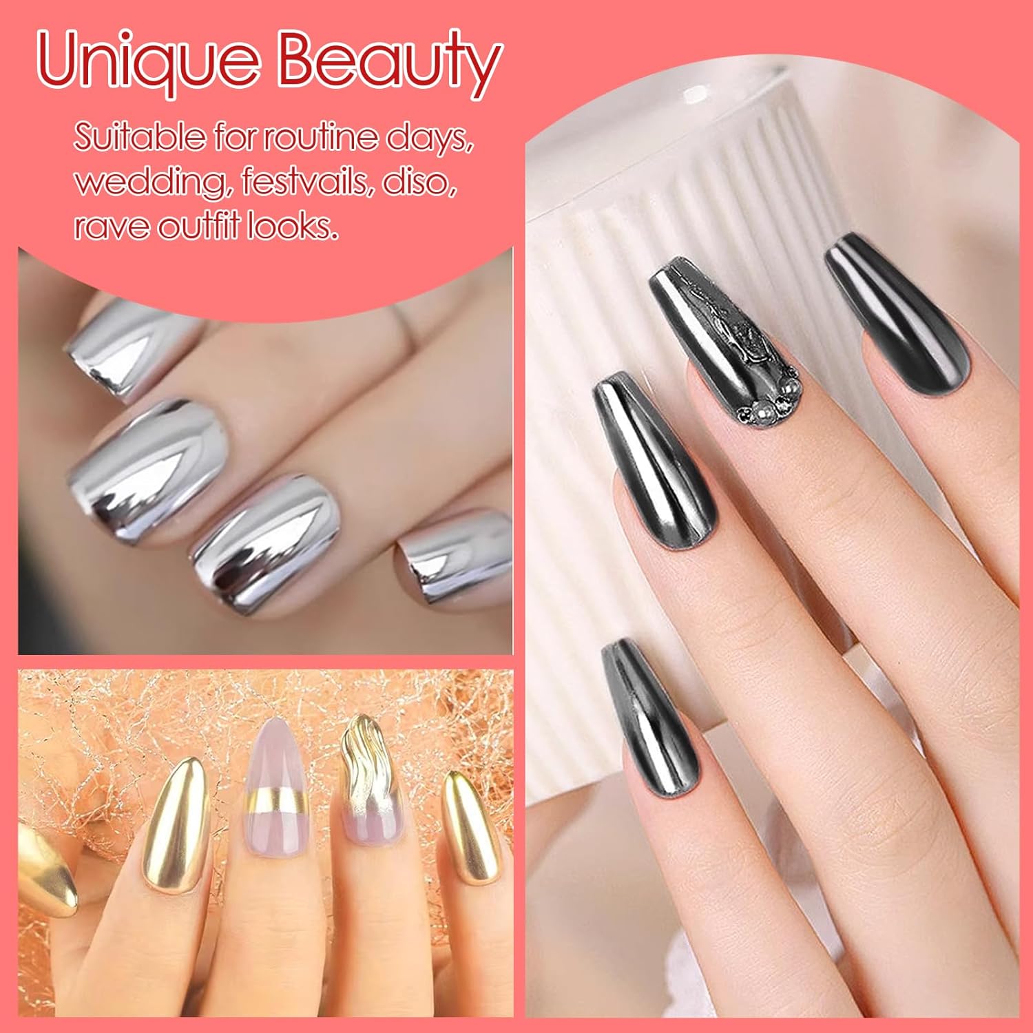 Allstarry Chrome Nail Powder 4 Colors Metallic Mirror Effect Powder Manicure Chrome Pigment Magic Glitter Dust Kit for Gel Polish Nail Art Decoration with 4 Sponge Sticks - Ruby Sapphire Series