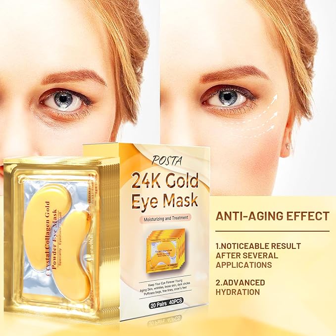 POSTA 24K Gold Eye Mask, 20 Pairs Eye Treatment Mask With Collagen, Under Eye Mask Treatment for Puffy Eyes, Dark Circles Corrector, Used for Eye Bags, Anti Aging Patches Luxury Gift for Women and Men