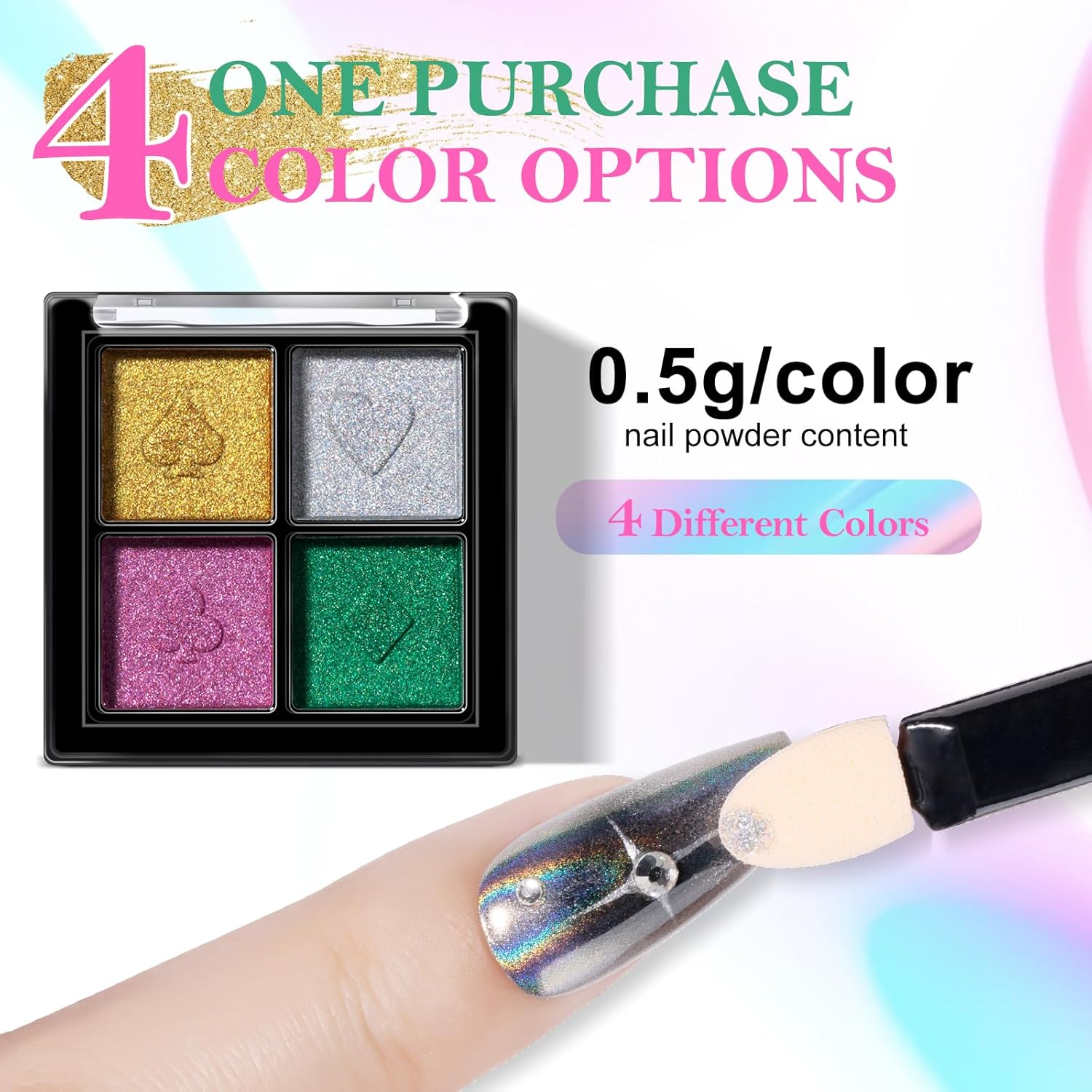 NXJ INFILILA Holographic Chrome Nail Powder, 4 Colors Gold, Silver, Pink, Green Rainbow Unicorn Iridescent Glitter Pigment Dust for Nail Art Design Professional Salon & Home Use