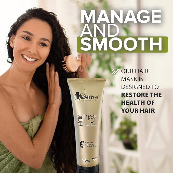 KALIVE Hair Mask for Deep Hydration & Repair - 8 oz. Keratin, Collagen & Wheat Germ - Hair Care Products for Dry, Damaged Hair.