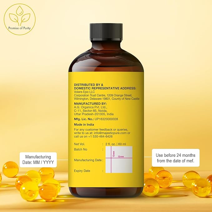 Majestic Pure Vitamin E Oil - 100% Pure & Natural | Premium Grade, Cold-Pressed and Tocopherol to Repair Dry, Damaged Skin | Moisturizing Skin, Hair and Scalp 2 Fl Oz