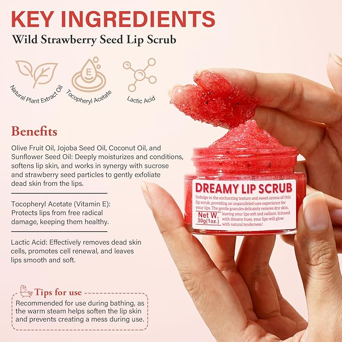 Wild Strawberry Seed Lip Scrub - Exfoliating & Moisturizing Lip Treatment with Olive Oil, Jojoba Oil, Coconut Oil, Natural Strawberry Extract - Includes Dual-Sided Silicone Brush, 1.01oz