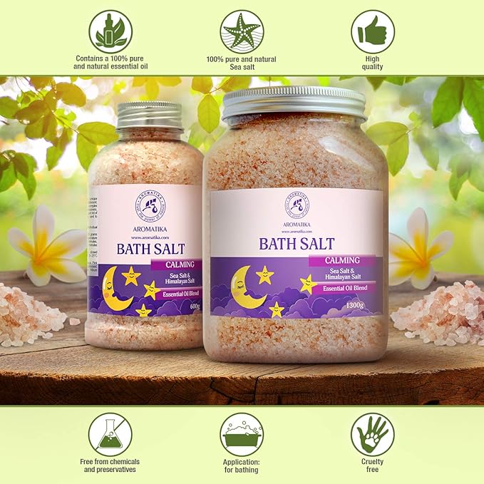Calming Bath Salts 21.16 Oz - w/Sandalwood & Lavender & Bergamot Essential Oils - Natural Bath Sea Salts 600g - Good for Bath- Good Sleep - Relaxing - Body Care - Beauty - Aromatherapy