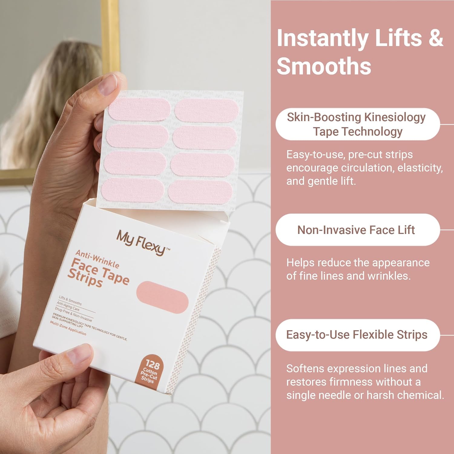 Face Tape Strips - 128 Pre-Cut Cotton Face Lifting Tape, Facial Tape, Overnight Anti Wrinkle Patches, Smile Line Patches, Frown Line Patches, Smoothing & Tightening - Latex Free.