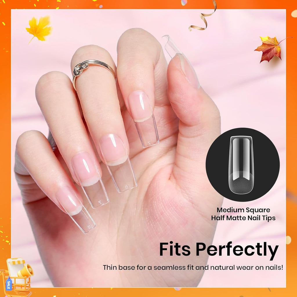 Beetles Nail Tips Medium Square 576Pcs 12 Sizes - Pre-Etched Soft Acrylic Nail Tips Half Matte False Nails Nail Art Full Cover Press Ons Nail Extensions Gift Set Home DIY Nail Salon