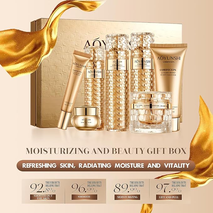 Luxurious Hydrating Skincare Gift Set with Cordyceps Extract - Includes Face Cleanser, Balm, Eye Cream, and 4-Piece Essence Set (Water, Serum, Emulsion, Cream)