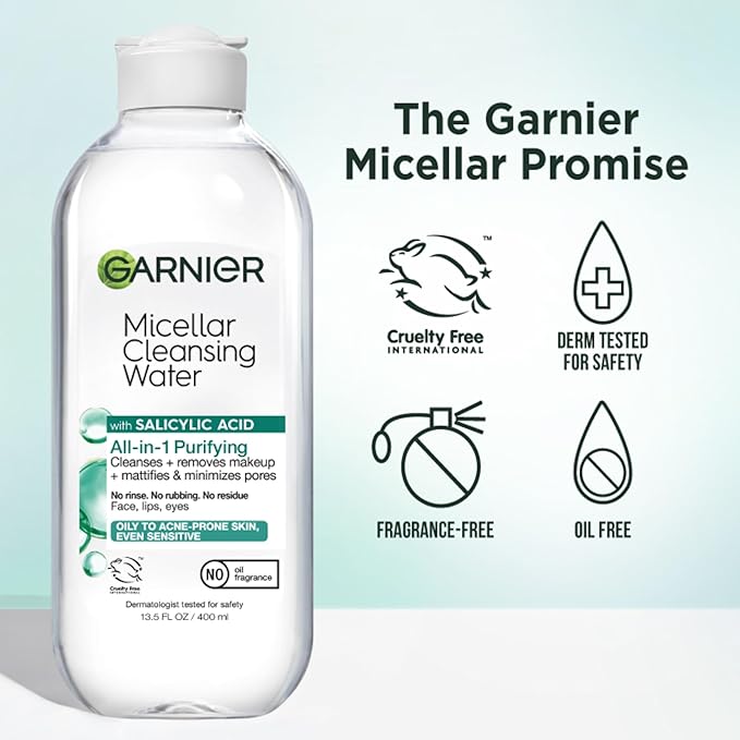 Garnier Micellar Water with Salicylic Acid, All-in-1 Mattifying Facial Cleanser and Makeup Remover for Oily and Acne Prone Skin, 13.5 Fl Oz