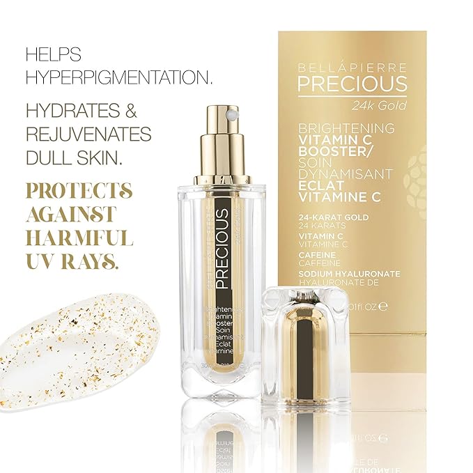 Bellapierre Precious 24k Gold Serum & Brightening Vitamin C Booster for Face & Eyes | All Natural Formula with Caffeine to Brighten & Rejuvenate Dull Skin - 30ml