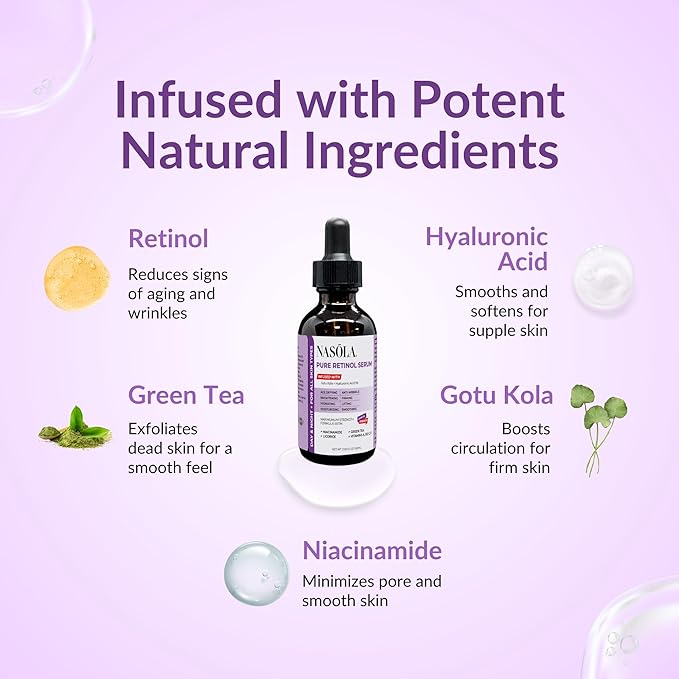 Pure Firming Retinol Serum with Hydrating Hyaluronic Acid & Gotu Kola for Wrinkles and Dark Spots, Renew and Reset Nighttime Facial Serum for a smoother, more radiant complexion, 2.02 Fl Oz