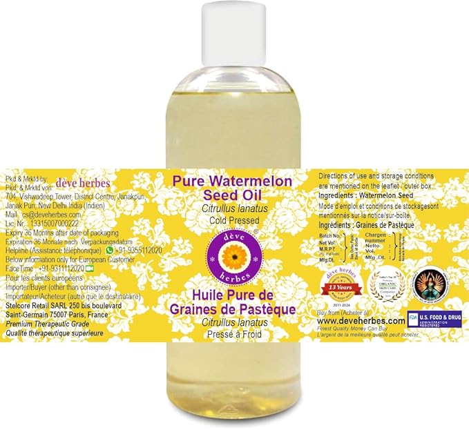 Deve Herbes Pure Watermelon Seed Oil (Citrullus lanatus) Cold Pressed 200ml (6.76 oz)