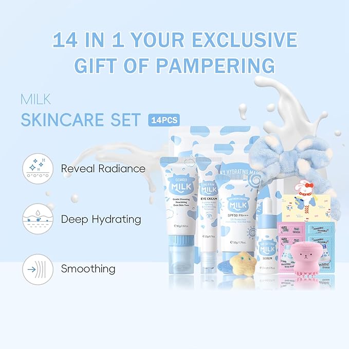 14 In 1 Milk Skincare Set for Women & Teens, Facial Kit for Women, Facial Skin Care Sets & Kits with Cleanser, Serum, Cream, Sunscreen, Eye Cream, Mask, Hair Band, Face Brush, Greeting Card, Hairpin