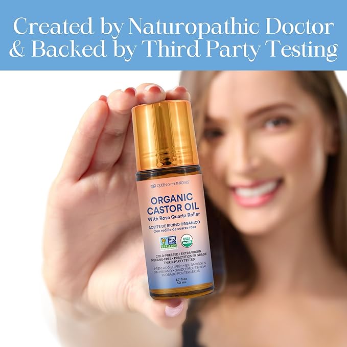 QUEEN OF THE THRONES® Organic Golden Castor Oil Roll-On with Rose Quartz | 100% Pure for Skin, Brows & Lashes and less mess Castor Oil Packs | Hexane-Free | USDA Certified | Cold-Pressed 1.7oz (50mL)