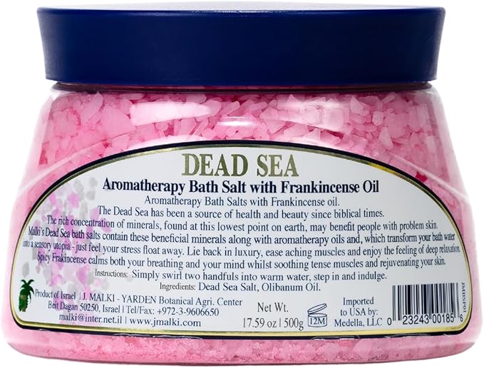 Malki Dead Sea Products Aromatherapy Frankincense Bath Salts - 500g | Soothing Bath Experience with Frankincense Oil | Stress Relief & Relaxation | Dead Sea Bathcare's Aromatherapy Blend
