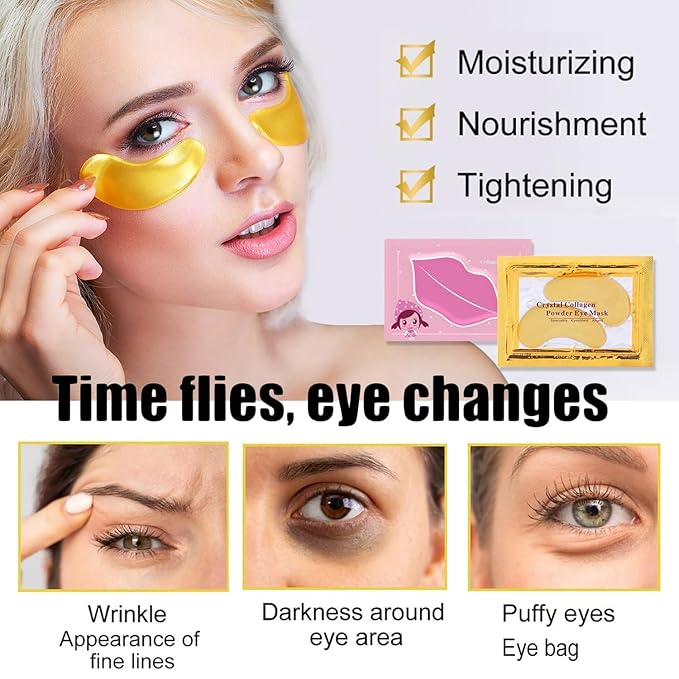 30 Pairs Lip Masks & 24K Gold Eye Masks, Crystal Collagen Eye Patches for Puffy Eyes, Moisturizing & Reduce Wrinkles, Lip Care & Under Eye Mask for Dark Circles and Puffiness