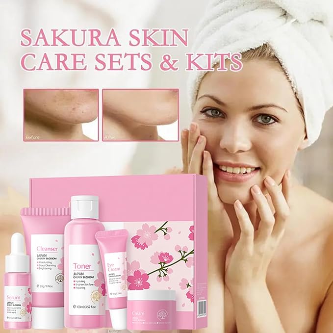 Korean Skin Care Set - Sakura Skin Care Sets & Kits - Women Gift Sets with Cleanser-Toner-Serum-Face Cream-Eye Cream-Skin Care Routine Kit for Women (One Size, Cherry Blossom-Start Kit)