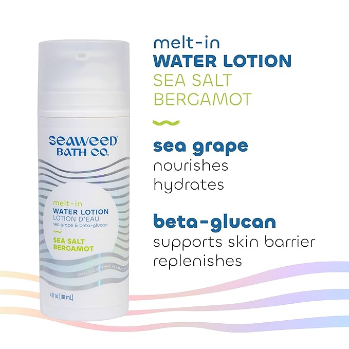 Seaweed Bath Co. Melt-In Water Lotion, Sea Salt Bergamot Scent, 4 Ounce, Sustainably Harvested Seaweed, Sea Grape, Beta-Glucan