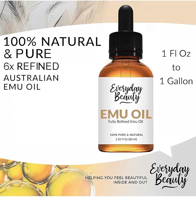 Pure Australian Emu Oil - All Natural 6X Refined for Face, Skin and Hair - Highly Effective Hydration for Sensitive Skin & Hair Growth Perfect for Scars & Blemishes - 2.02 Fl Oz Glass Bottle & Dropper