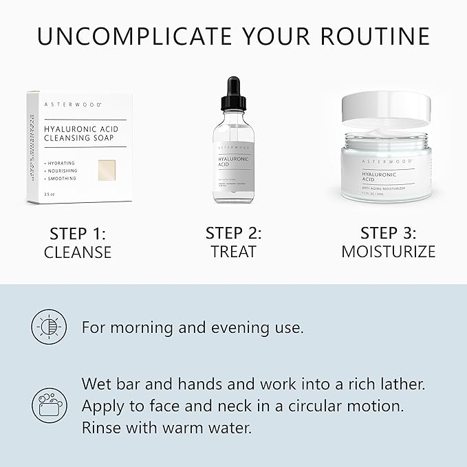 Asterwood Hyaluronic Acid Serum 2 oz, Hyaluronic Acid Moisturizer 1.7 oz, & Hyaluronic Acid Face Bar 3.5 oz