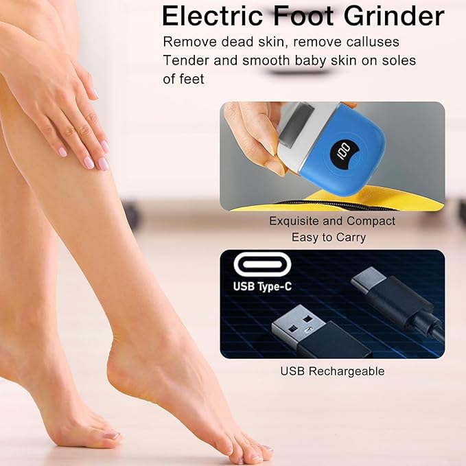 Electric Foot Callus Remover, 2024 New USB Rechargeable Foot Repair and Grinding Device, Heel Polisher Digital Display, Electric Foot Exfoliating Scrubber with 3 Grinding Heads 2 Speeds (Blue)