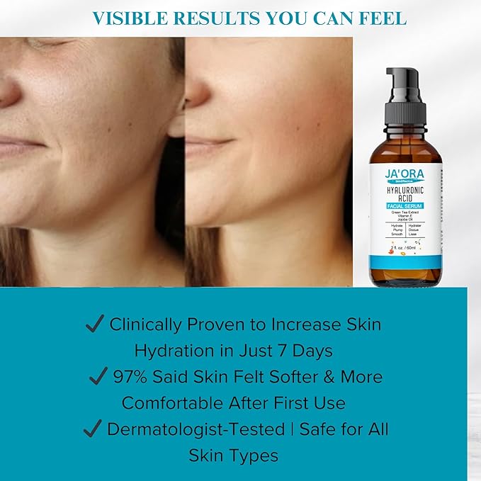 JA'ORA Skin Effective Hyaluronic Acid Serum, 60ML - Anti-Aging with Aloe Vera & Vitamin E, Hydrating, Firming, Brightening for Even Skin Tone & Wrinkle Care