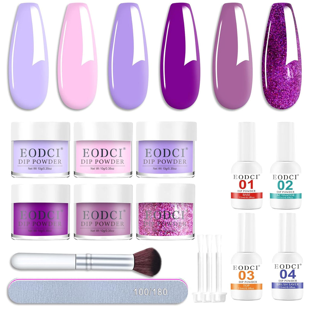 Dip Powder Nail Set, 6 Colors Purple Series 12 Pcs Dipping Powder Kit With Base & Top Coat/Activator/Brush Saver,Nail Art Dip Manicure Kits Odor-Free&Long-Lasting, No Needed Nail Lamp Curing