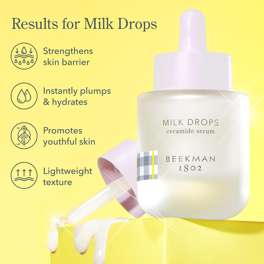 Beekman 1802 Milk Drops Ceramide Facial Serum - Squalane Oil, Hyaluronic Acid & Goat Milk Face Moisturizer - Boosts Skin Radiance & Hydrates Deeply - Fragrance Free, Cruelty Free