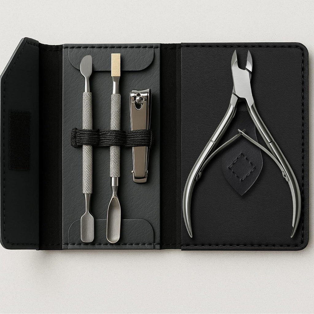 UM Supplies Cuticle Nipper with 2 Pushers and Nail Cutter 4 Pieces Travel Set + Storage Pouch, Stainless Steel Manicure Pedicure Tool for Nail Care Jaw 14 (5mm) Double Spring