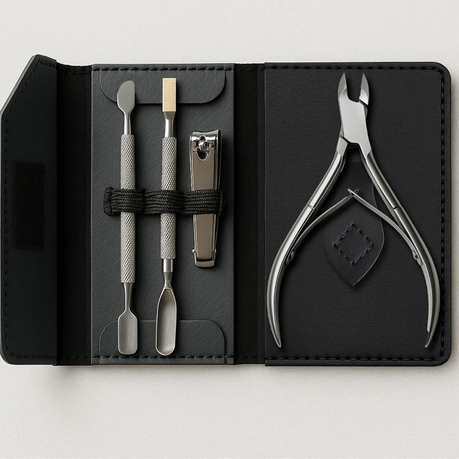 UM Supplies Cuticle Nipper with 2 Pushers and Nail Cutter 4 Pieces Travel Set + Storage Pouch, Stainless Steel Manicure Pedicure Tool for Nail Care Jaw 14 (5mm) Double Spring