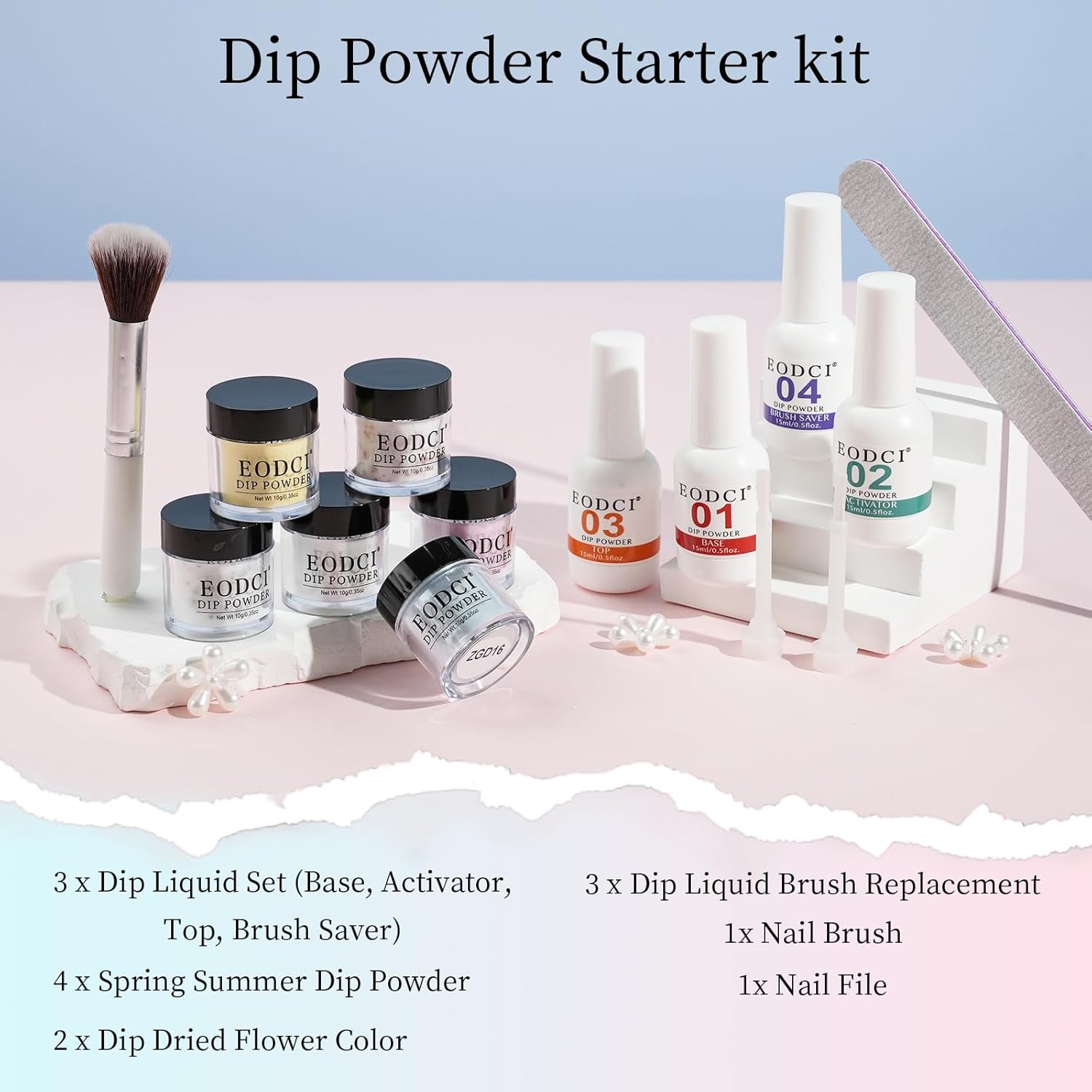 Dip Powder Nail Transparent Crystal Dried Flower Set, 6 Colors Dipping Powder Kit With Base & Top Coat/Activator/Brush Saver, Nail Art Manicure Salon DIY for Daily at Home Party Gifts for Women