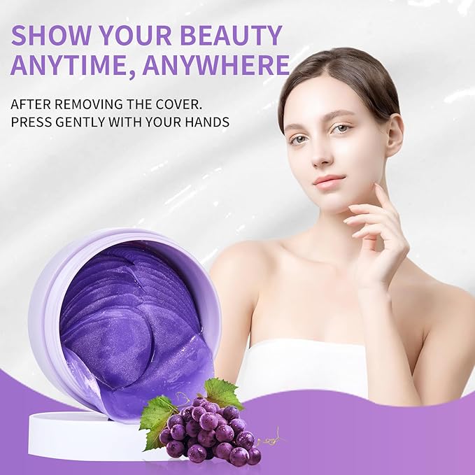 Under Eye Patches，Natural Hydrating Eye Patches with Grape Extracts to Relieve Puffy Eyes & Dark Circles (60 Pcs), Rich in Collagen for Anti-wrinkle, Fine Line Reduction & Moisturization