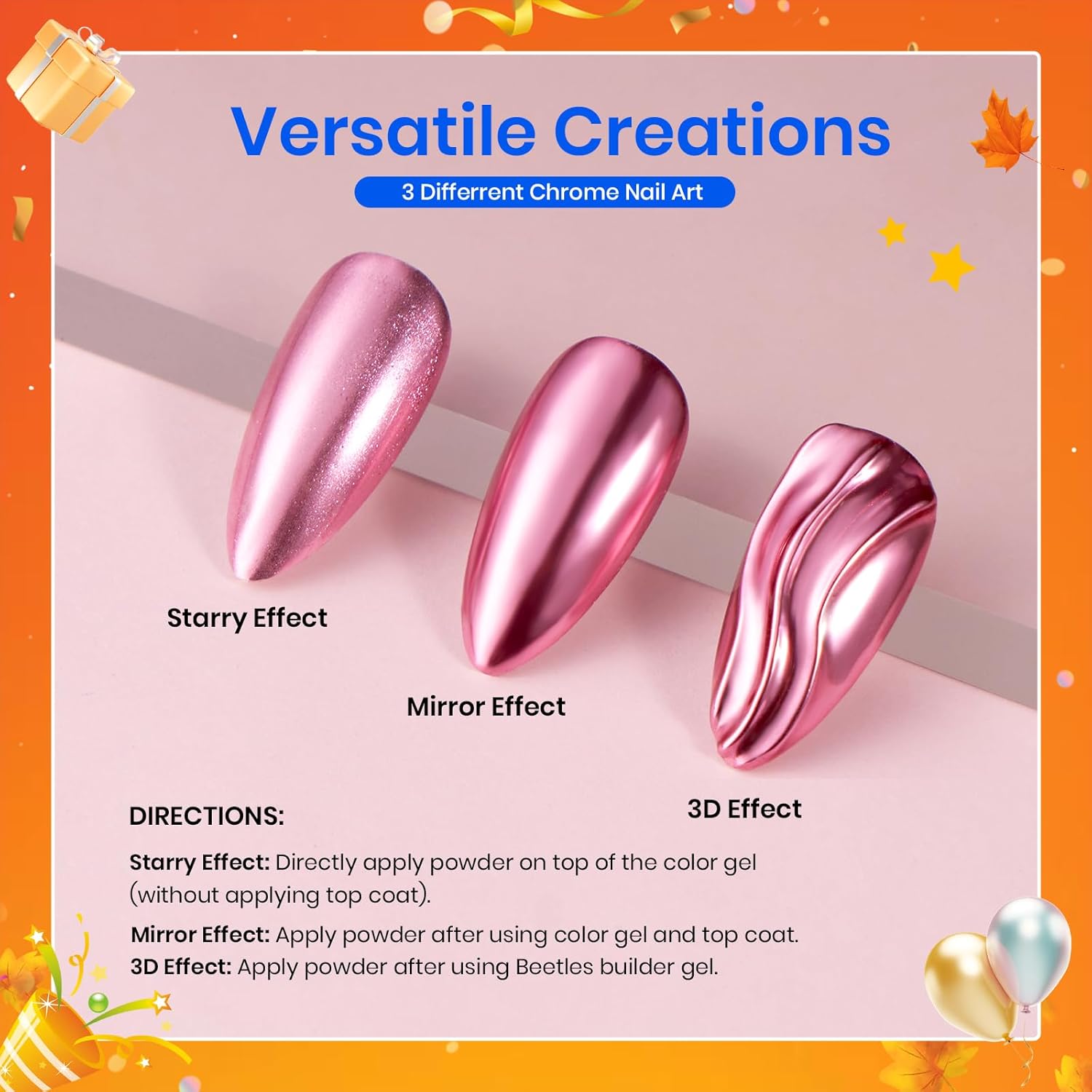 Beetles Chrome Nail Powder Gold Silver Mirror Effect 8 Colors Holographic Aurora Iridescent Pearlescent Manicure Nail Art Decoration Glitter Cromer Nail Powder for Nails 1g/Jar Gift for Women