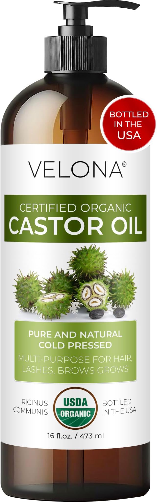 velona USDA Certified Organic Castor Oil - 16 fl oz (With Pump) | For Hair Growth, Boost Eyelashes, Eyebrows | Cold pressed, Natural Oil, USP Grade | Hexane Free, Lash Serum, Caster