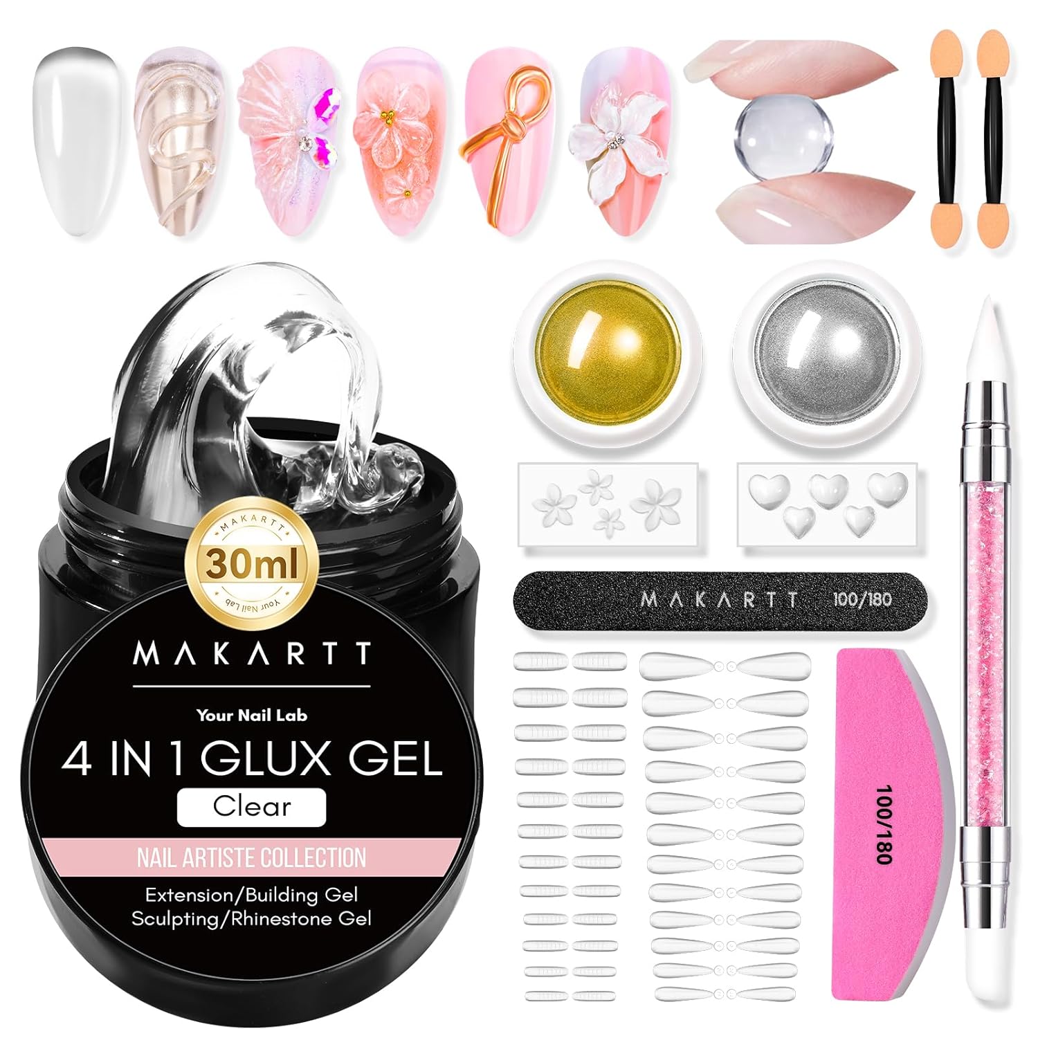 Makartt 3D Gel Nail Art: Solid Gel Builder for Nails Starter Kit, 30ml Clear for Extension 3D Sculpting Carving DIY Manicure, Molding Hard Gels with Gold & Silver Chrome Powder Silicone Molds & Brush