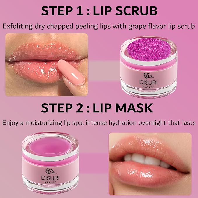 Lip Mask and Lip Scrub Set - Moisturizing Lip Scrub for Exfoliating and Smoothing Lips, Cruelty-free - Improves Texture, Hydrates, and Softens Chapped, Dark Lips Skin - (Grape)
