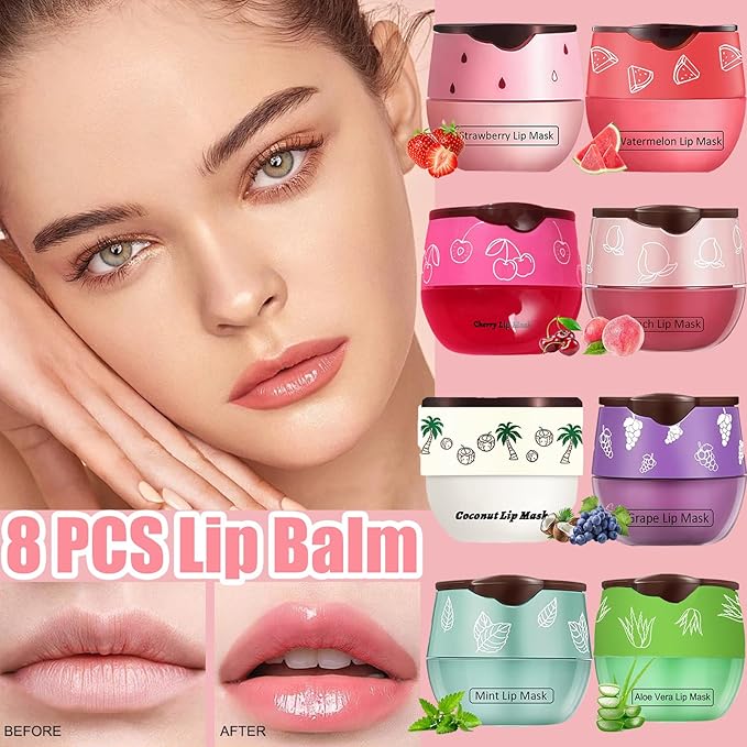 8 PCS Bee Lip Balm Honey Pot, Coconut Cherry Mint Strawberry Watermelon Grape Peach Aloe Vera Bee Lip Balm Honey Pot Sleeping Lip Mask Overnight with Stick Prevention Dry and Crack Lip Scrubs