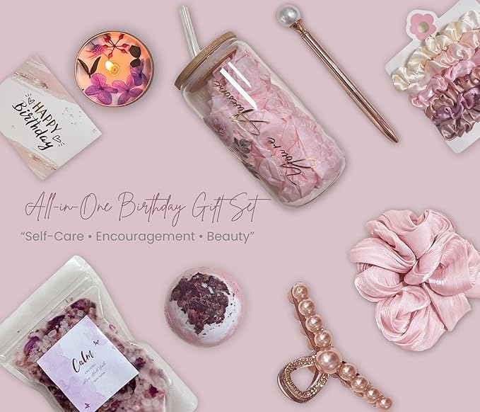 Birthday Gift Box for Women – Rose Gold Pink Aesthetic Gifts for Her – Self Care Relaxation Package for Wife, Girlfriend, Sister, Best Friend – Unique Spa Gift Idea (gold)