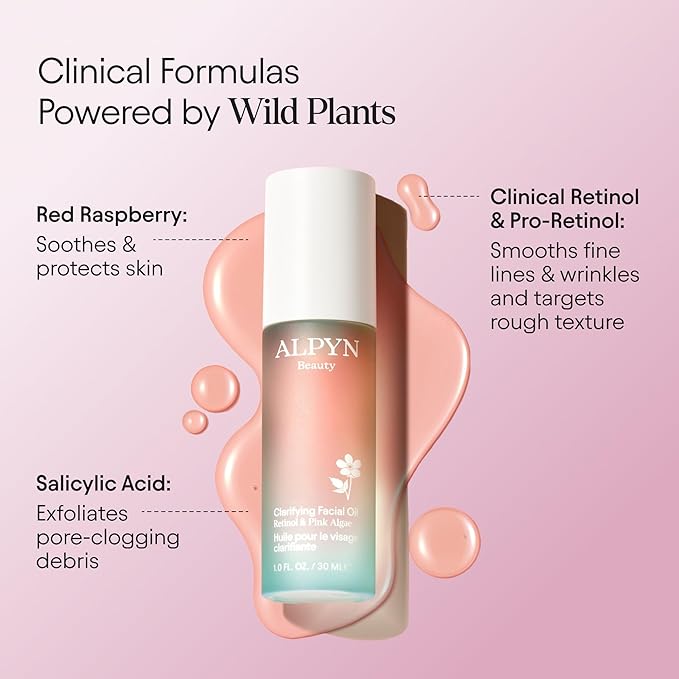 Alpyn Clarifying Facial Oil with Retinol & Pink Algae | Clear Congestion, Smooth Fine Lines, Improve Texture & Glow | 1 Fl Oz / 30 ml