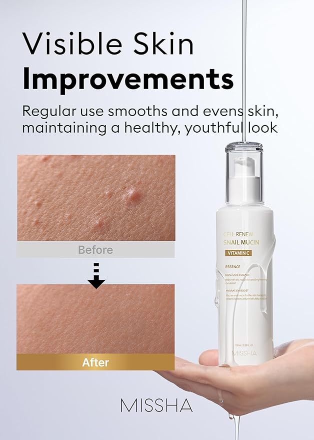 MISSHA Cell Renew Snail Mucin Vitamin C Essence Serum 3.38 Fl oz - Hydrating Korean Skincare for Glass Skin, Snail Mucin Serum for Improved Skin Texture & Complexion, Mother's Day gifts