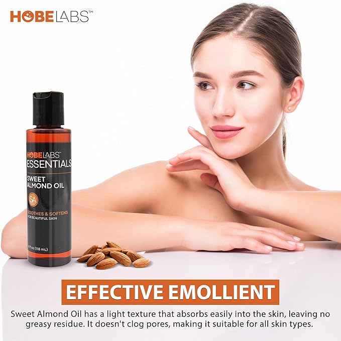 Hobe Labs Sweet Almond Oil, 4 oz - Skin Soothing Properties, Effective Emollient, Improves Skin Health, Fights Puffiness and Dark Circles, Non-Greasy Formula