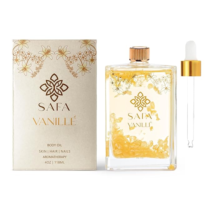 SAFA Vanillé Oil - Organic Oil for Face, Body, Hair, Nails & Aromatherapy | Vanilla Extract & Jasmine Petals - Essential Oil for Diffusers | After Shower Body Oil | Skin Moisturiser (4 Fl Oz)