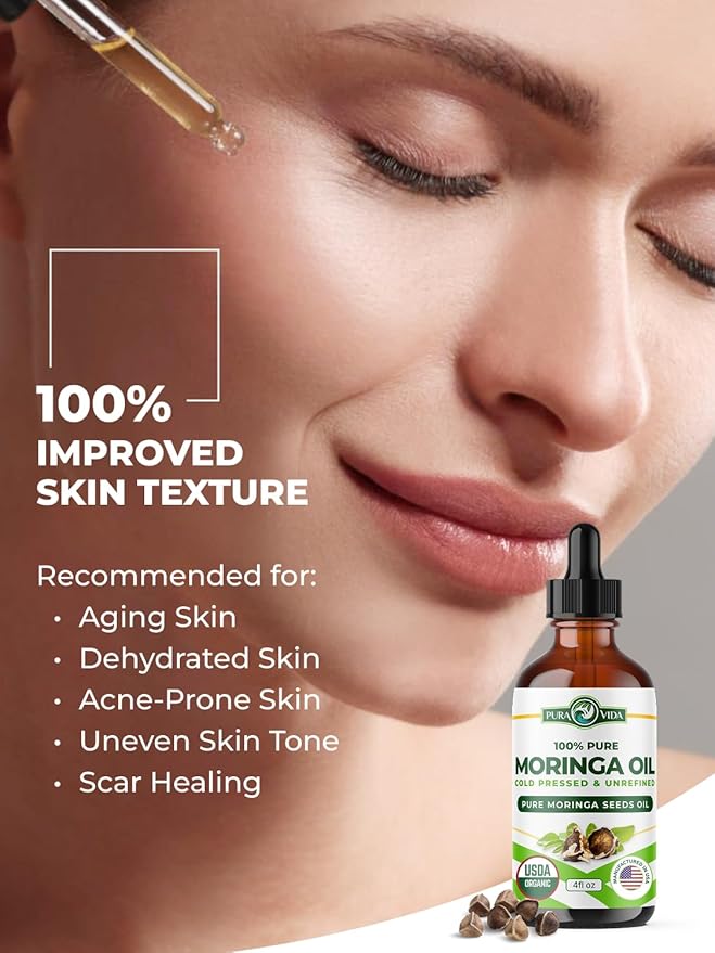 100% Pure Moringa Oil Organic for Face, Hair, Nails and Dry Skin - USDA Certified Single Origin Moringa Oleifera Seeds Extract - 3rd Party Tested, Cold Pressed & Unrefined Organic Moringa Seed Oil