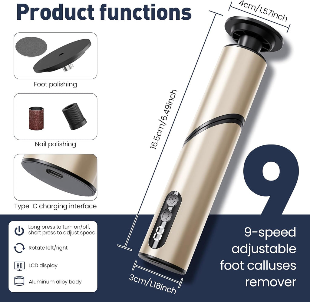 Electric Foot Callus Remover,2 in1 Rechargeable Callus Remover for Feet,9-Speed Wireless Electric Foot File Nail Grinder,Foot Scrubber Pedicure Tools for Dead Skin Dry Cracked Feet(Fold Gold)