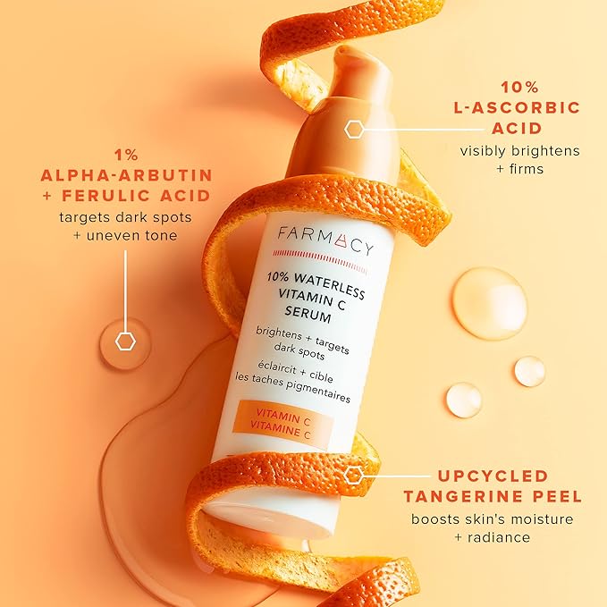 Farmacy 10% Vitamin C Face Serum - Waterless Vitamin C Skin Care Serum to Brighten, Firm + Smooth Skin Texture - Enriched with Upcycled Tangerine Peel to Boost Skin's Moisture + Radiance (30ml)