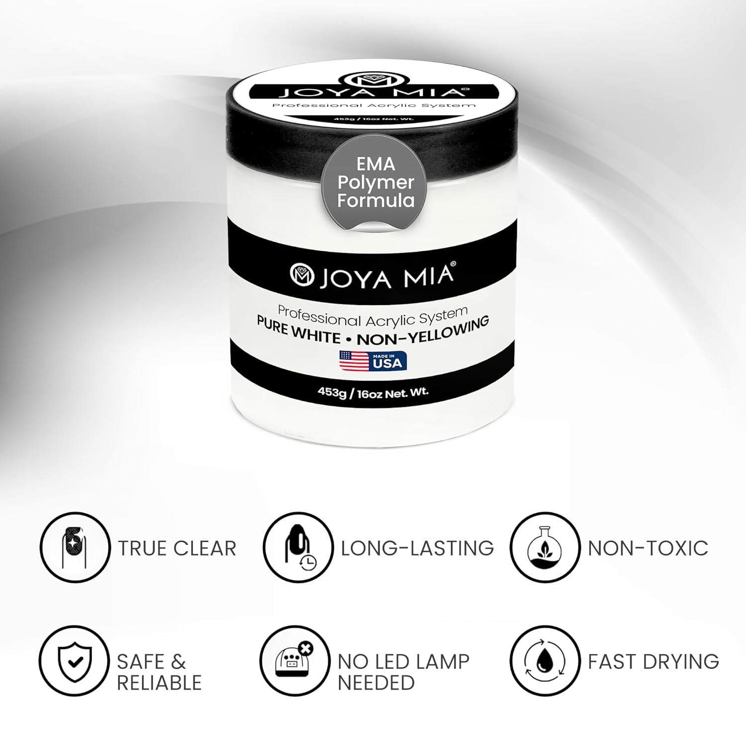 Joya Mia Acrylic Powder for Nails, MMA-Free, Super Adhesion Professional Powder for Flawless & Long-Lasting Nail Enhancements, Easy Application, Vibrant & Stunning Colors - Pure White, 16 oz