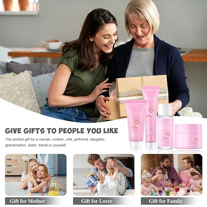 Sakura Skincare Gifts for Teenage Girls Skincare Kits - Skin Care Sets & Kits - Cherry Blossom Skin Care Kit - Pamper Sets For Women Gifts - Travel Size Face Wash-Toner-Moisturizer-Sunscreen