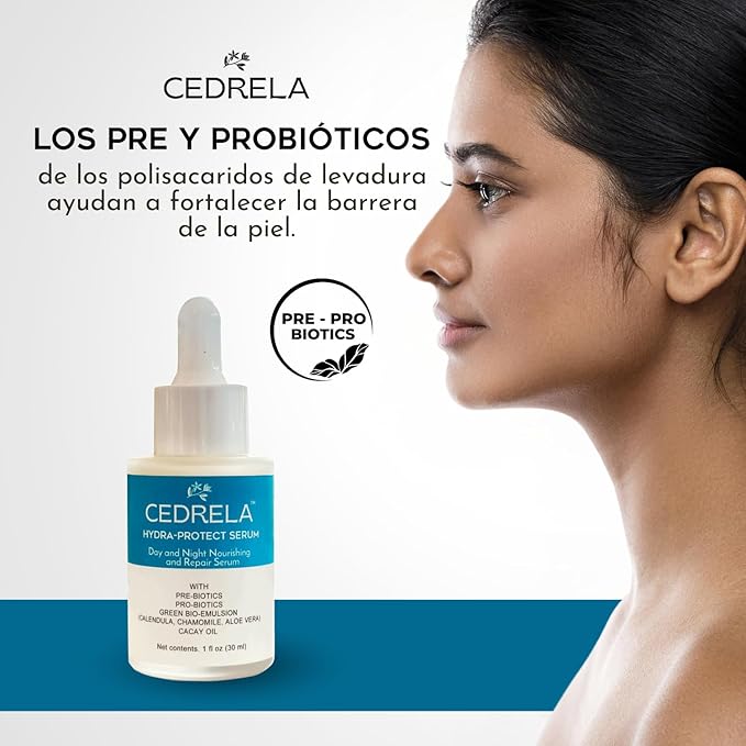 Cedrela Hydra-protect serum Day Night Nourishing Repair Prebiotics Probiotics Bioemulsion Calendula Chamomile Aloe Vera Cacay Oil Vegan All-natural 1 fl oz Suero hidratante probioticos