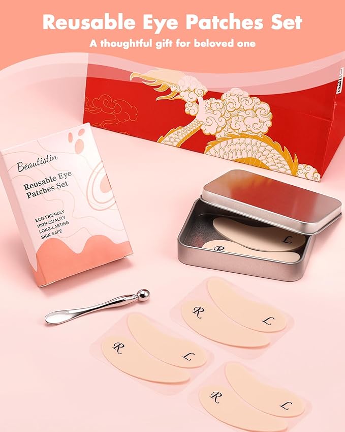 4 Pairs Reusable Under Eye Wrinkle Patches Silicone Mask, Plump Fine Lines & Wrinkles, with Metal Eye Cream Applicator, Tin Case, Cream