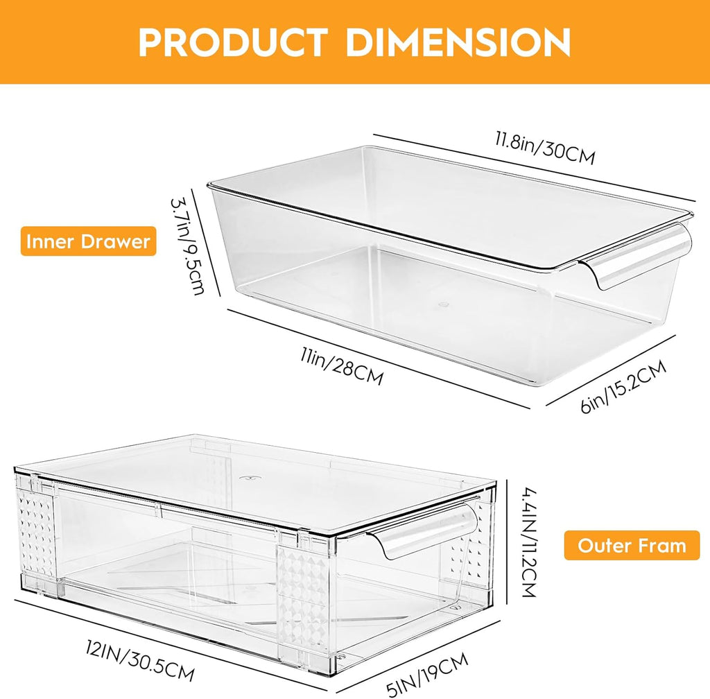 4 Pack Clear Stackable Storage Drawers, 3.95" H Easily Assemble Acrylic Organizer Bins - Multi-Use for Make up, Closet, Pantry, Bathroom, Medicine, Kitchen Cabinet & Undersink Organization