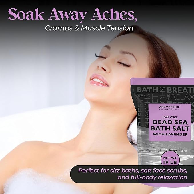 Aromasong Pure Dead Sea Salt for Soaking with 100% Natural Lavender, 19 LB - Spa Bath Salt Fine Grain - Body Wash Scrub - Soak for Women & Men- Bulk Resealable Pack (Packaging May Vary)